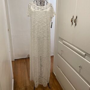 White floral lace dress with a short white slip underneath